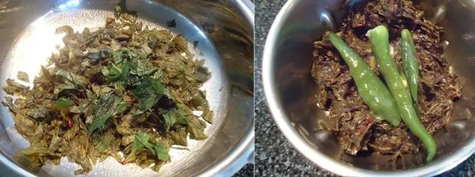 sauteing leaves until wilted to make gongura chicken