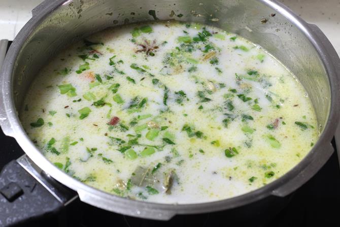 addition of coconut milk to make veg pulao recipe