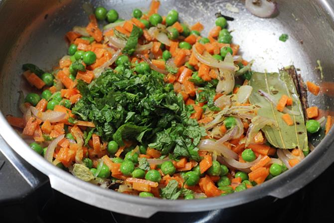 koriander mint voor het maken van paneer pulao voor kinderen