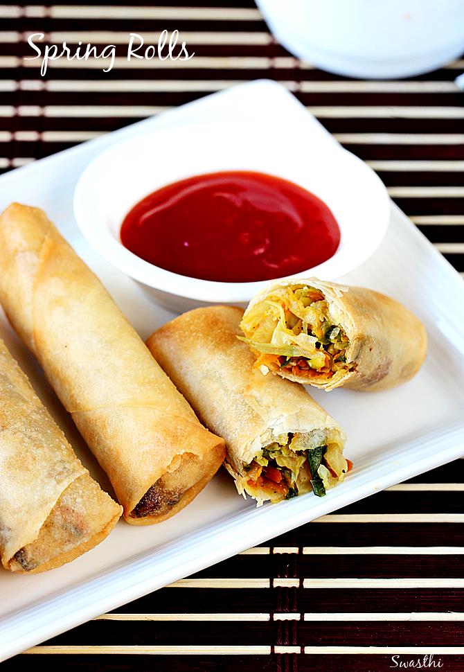 Spring Rolls Recipe How To Make Veg Spring Rolls Swasthi S Recipes