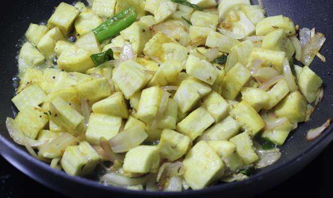 Raw Banana Curry Recipe   Aratikaya Kura   Plantain Curry - 71