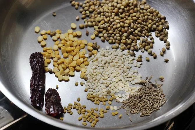 roasting ingredients for sambar rice recipe