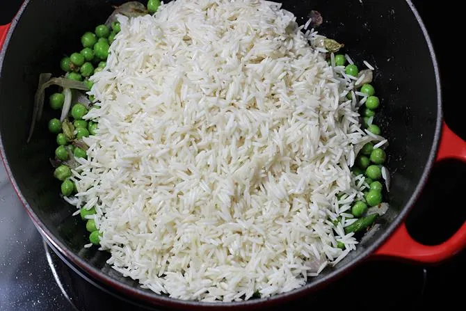 addition of soaked rice to make peas pulao recipe