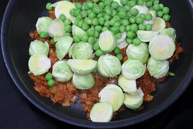 adding brussels sprouts and peas