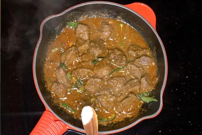 Pour the cooked mutton along with the stock