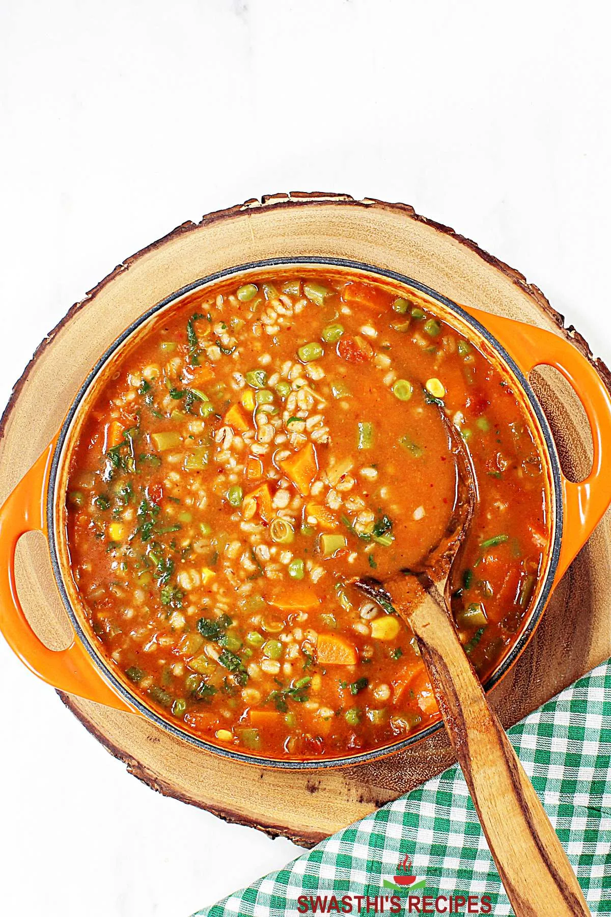 vegetable barley soup made with pearl barley, vegetables and curry powder