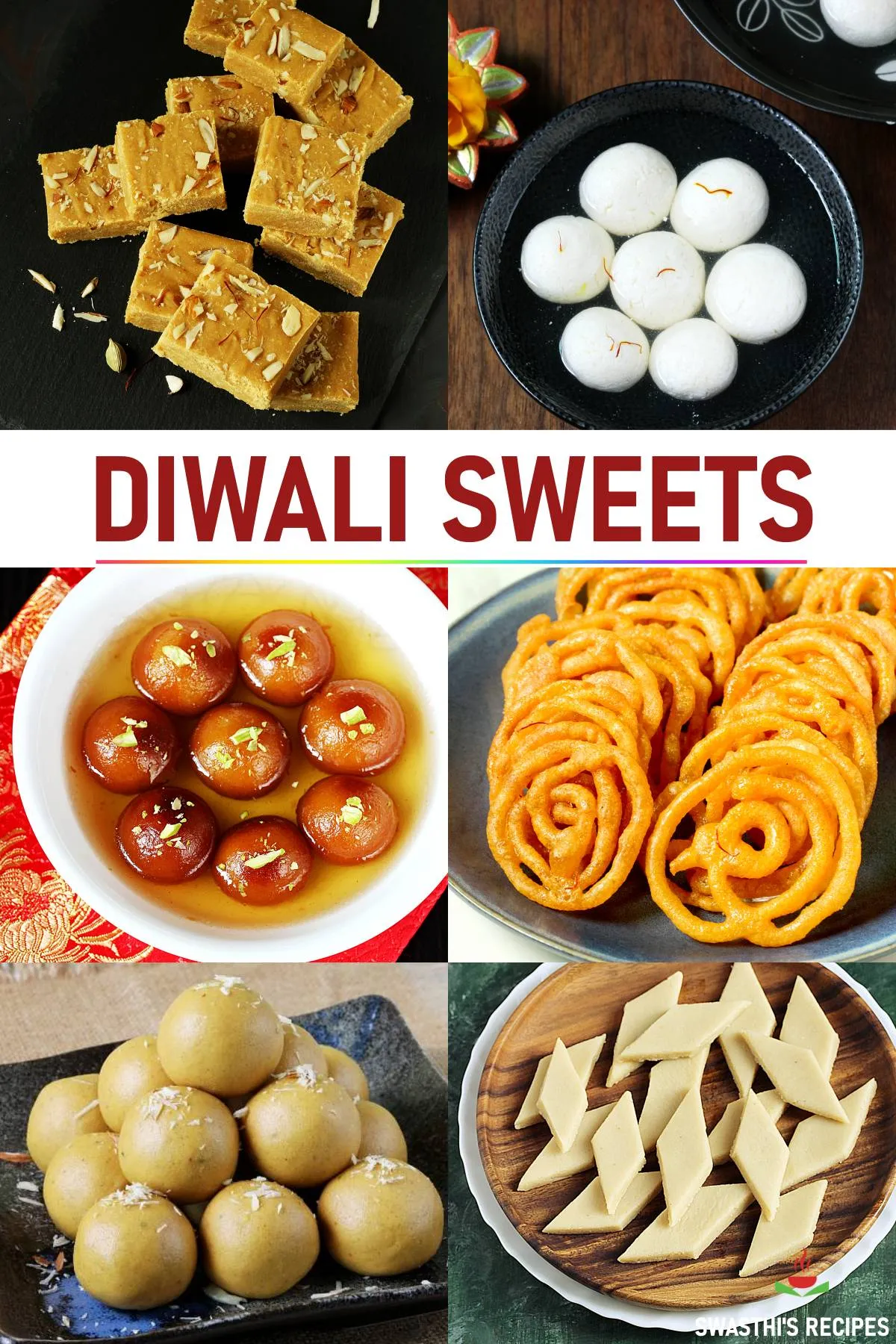 Diwali Sweets Recipes like Burfi, jamun, jalebi, ladoo and kaju katli.