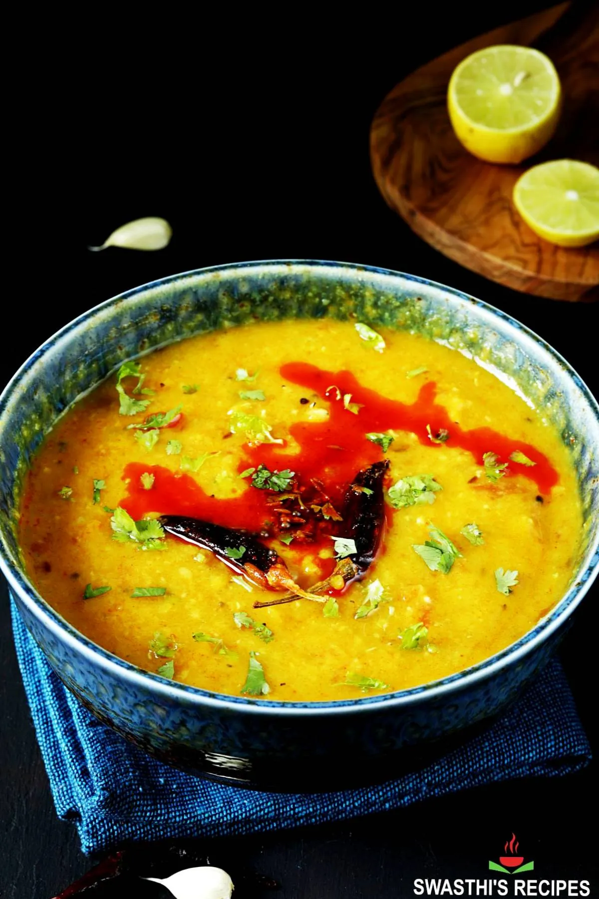 Masoor Dal - aka Red Lentil Dal served in a blue bowl