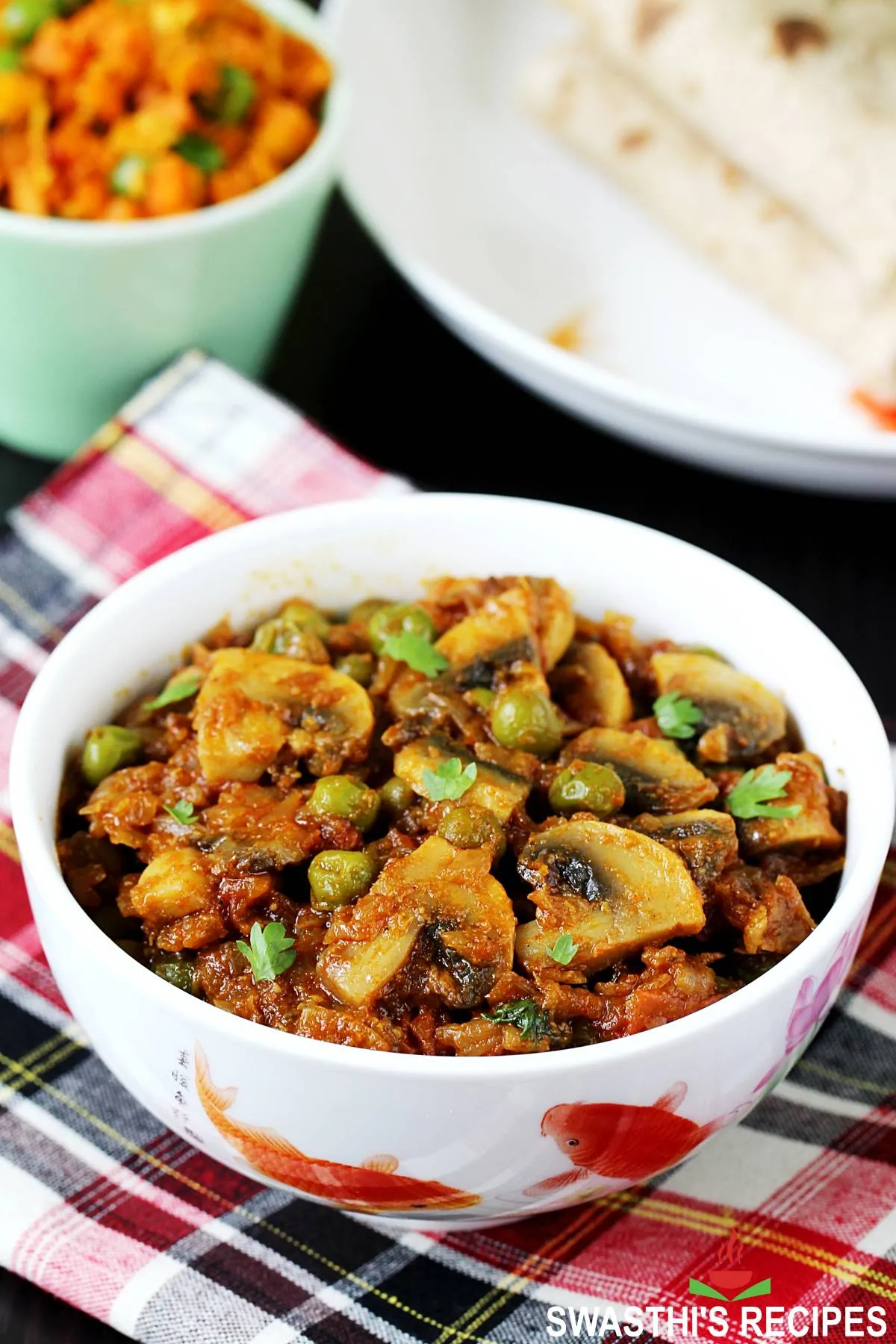 Matar Mushroom recipe made with button mushrooms peas and spices