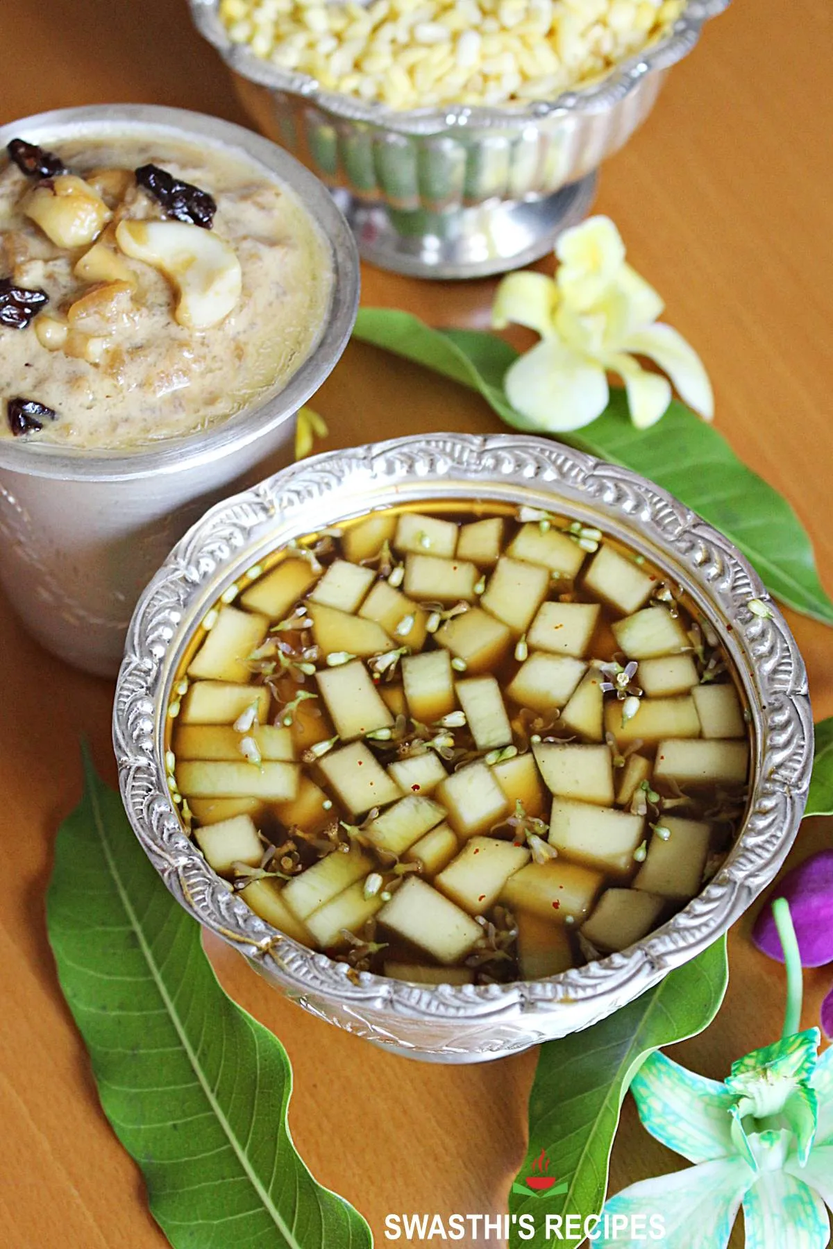 Ugadi pachadi served in a silver bowl