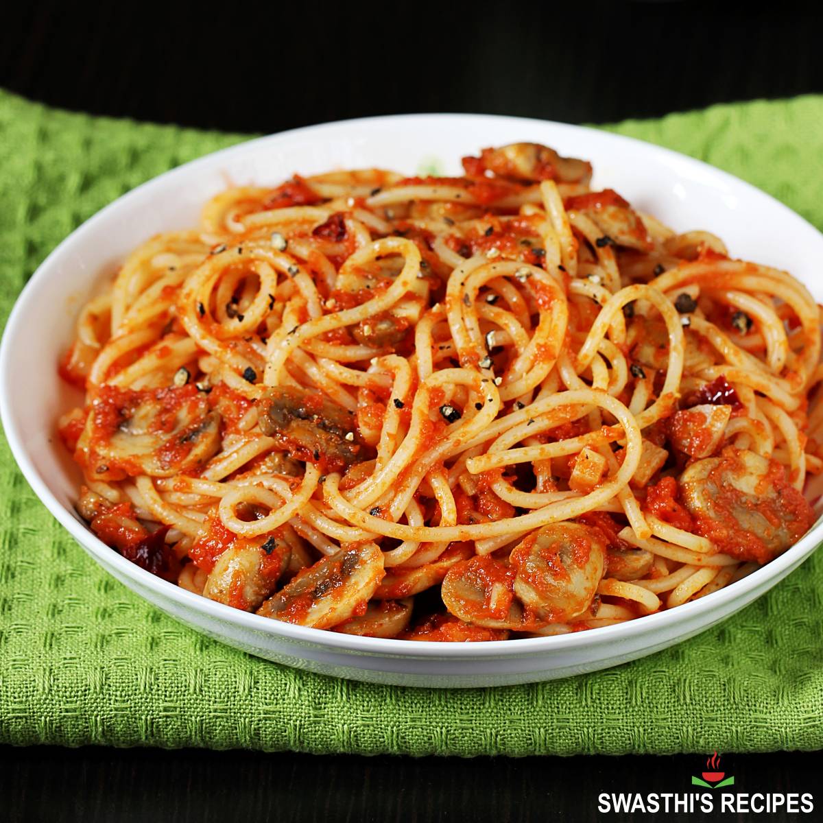 Mushroom Spaghetti Recipe - Swasthi's Recipes